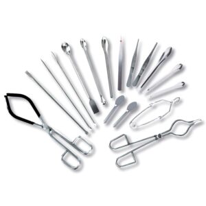 17-Piece Scientific Laboratory Tools Starter Kit – Stainless Steel Tongs, Clamps, Forceps, Spatulas & Spoons Set