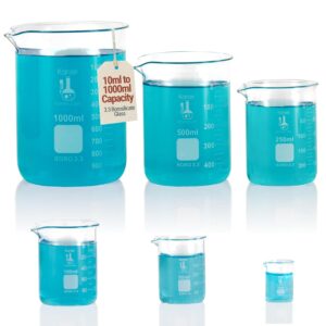 3.3 Borosilicate Glass Griffin Low Form Beaker Set – 6 Sizes (10ml–1000ml), Double Metric Scale